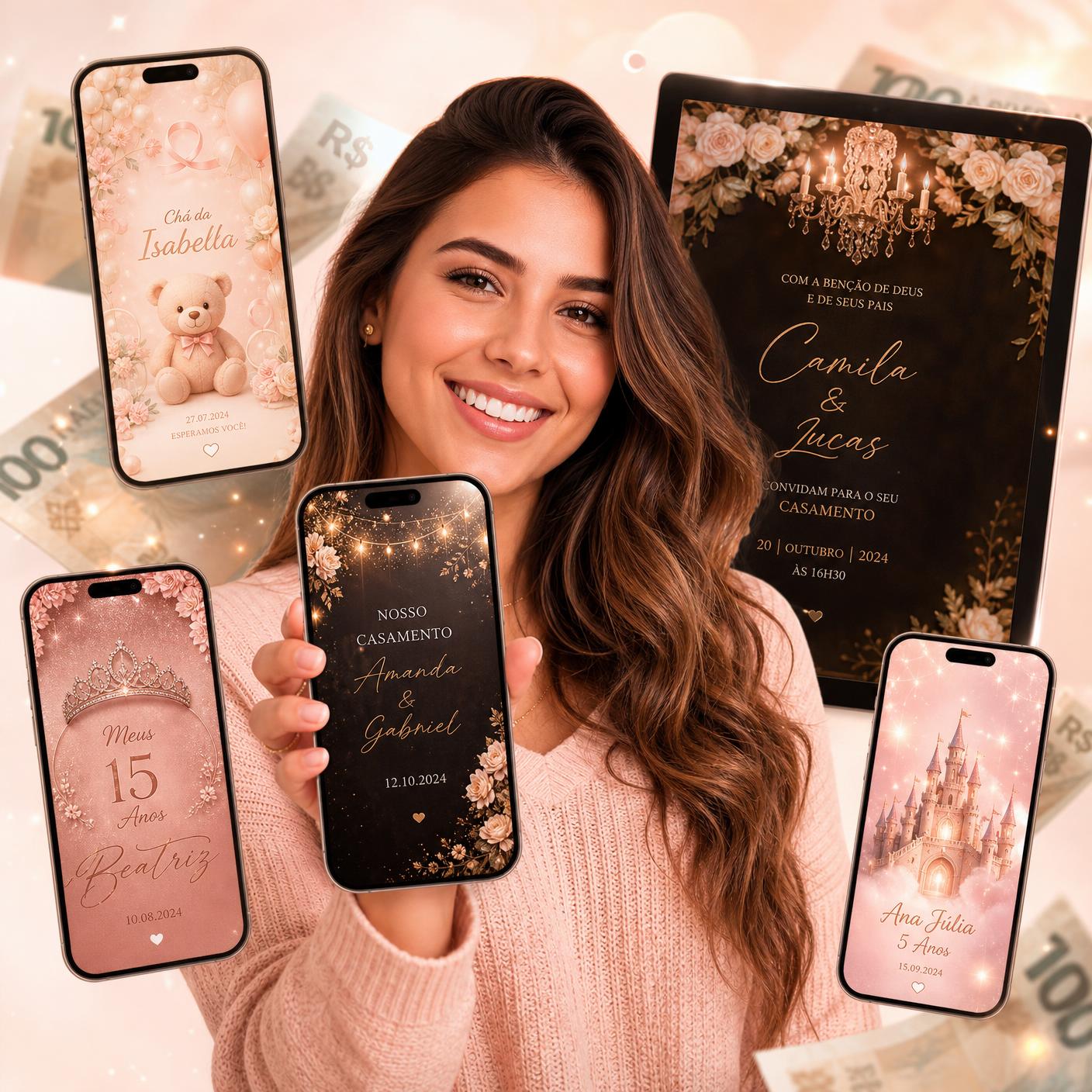 Mulher segurando celular com convite animado, cercada de exemplos de convites